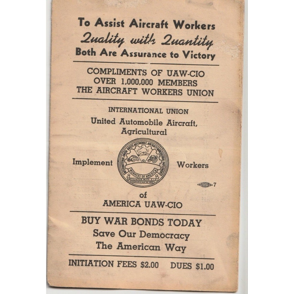 Vintage 1940s WWII UAW-CIO Aircraft Workers Union Booklet War Bonds Home Front